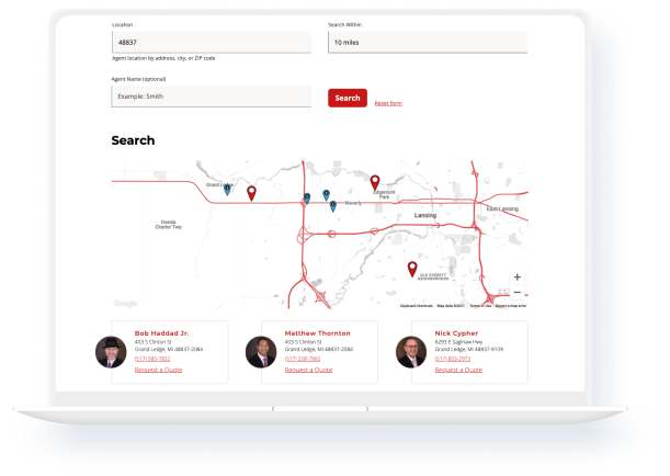 The Find An Agent map from the MFB website, displayed on a laptop.