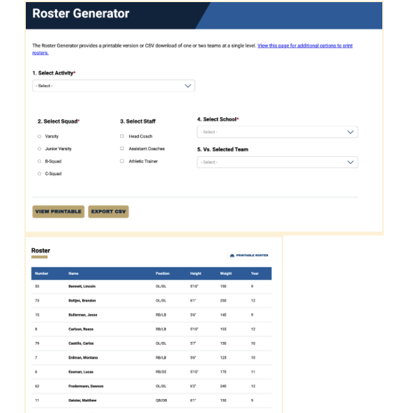 A table of filtered roster data as displayed on the MSHSL website