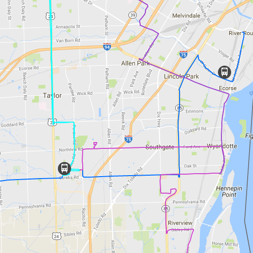 A map with multiple routes and live data from the SMART website